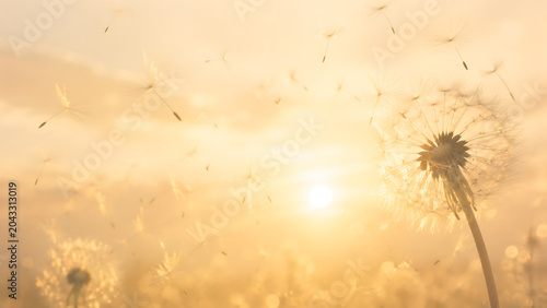 Golden Hour Sunlit Dandelion Seeds Disperse in the Warm Summer Breeze