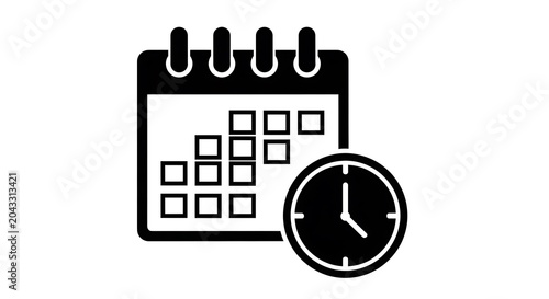 A simple black and white vector icon depicting a calendar page combined with a circular clock face