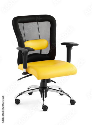 Modern task chair featuring a black mesh backrest, adjustable built-in yellow lumbar support cushion, vibrant yellow leather seat, and adjustable armrests, isolated on a white background.