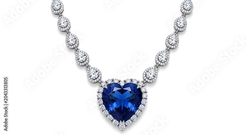 A stunning necklace featuring a large heart shaped deep blue sapphire pendant with diamond halo