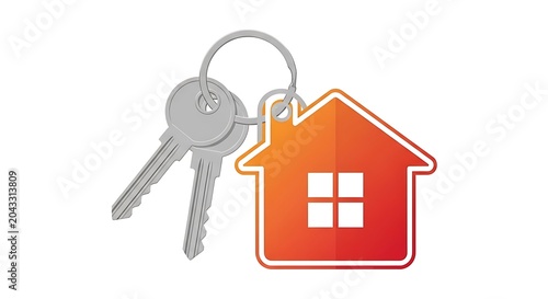 A shiny silver key ring attached to a vibrant red house icon representing real estate property.