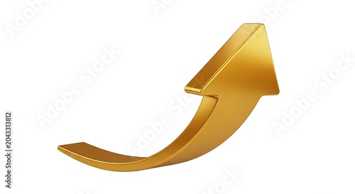 A shiny golden arrow pointing upward and curving to the right isolated on a plain white background