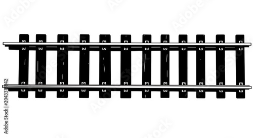 A high contrast graphic illustration of a straight section of train tracks on a white background