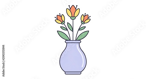 A simple flat vector illustration of three orange flowers inside a light purple ceramic vase