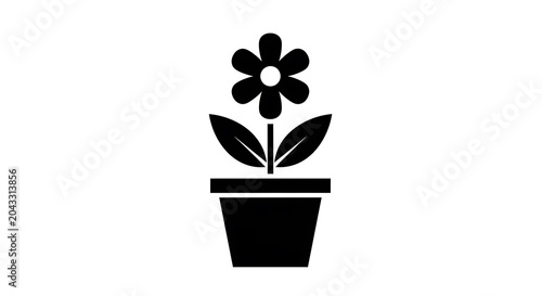 A minimalist black silhouette icon of a simple flower growing inside a classic ceramic plant pot