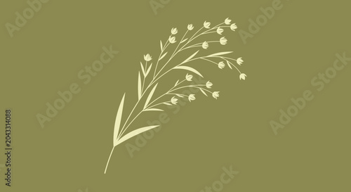 Minimalist botanical illustration of a flax plant with small buds on a muted olive green background