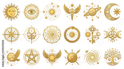Fotografie Esoteric Symbols Set: Sun, Moon, Stars, Compass, Key, Phoenix, Ouroboros, Tree o