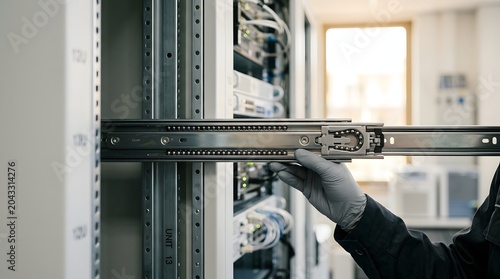 Technician hand in protective glove installing metal sliding rail guide inside network server rack cabinet