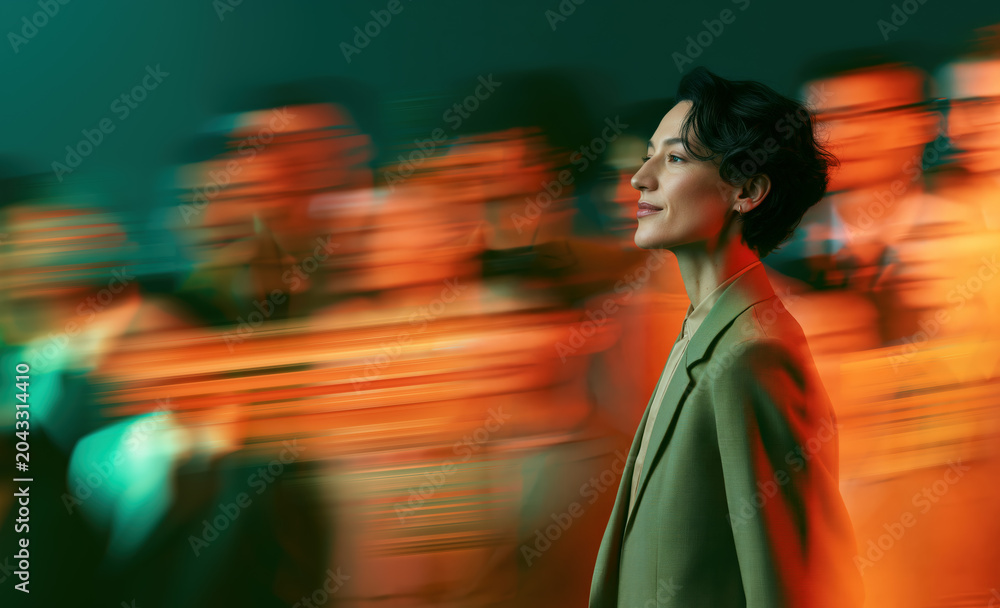 Fototapeta premium Calm Female Professional Moving Forward Through Artistic Teal Orange Crowd Blur
