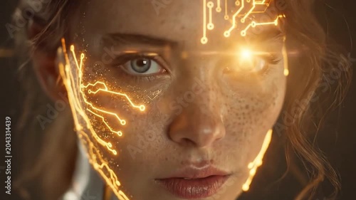 Close-up profile of a woman with glowing digital circuit patterns on her face, futuristic human and artificial intelligence concept.