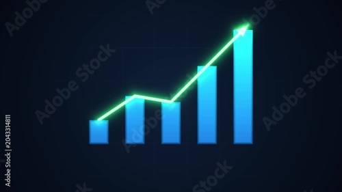 Glowing green upward arrow moving across a growing blue bar chart on a dark background