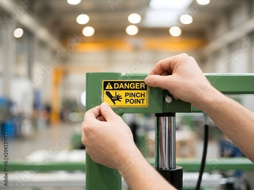 Worker hands applying danger pinch point warning sign sticker on industrial machine frame inside factory