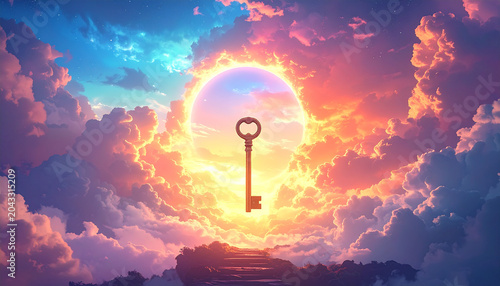 Golden Key to Heavenly Gate with Colorful Cloudy Sky