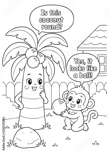 Billede på lærred coloring book curious monkey learning whether a coconut is round