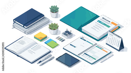 Isometric office supplies and stationery set for business organization and planning.