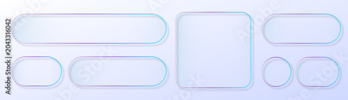 Set of glassmorphism UI buttons and geometric panels with glowing gradient borders on light background