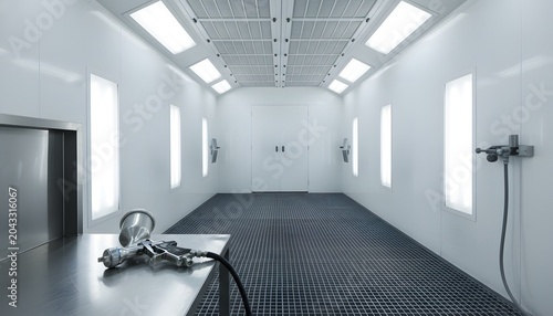 Professional paint spray gun on table inside an empty body shop paint booth for automotive refinishing concept in a bright modern industrial facility