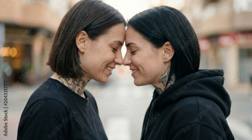 Naklejka premium Connection moment human authentic smile share gentle street joy. candid natural person interaction. human relationships friendship togetherness support, joy happiness emotion lifestyle