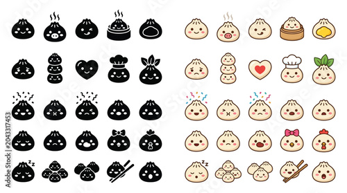 Bild auf Leinwand Collection of cute kawaii dumplings and buns with various expressions and accessories