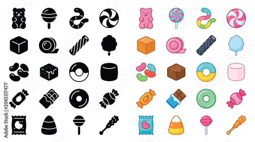 Bild auf Leinwand Collection of colorful and black and white candy icons, including gummy bears, lollipops, and chocolates