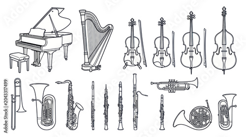 Foto Orchestral Instruments Collection: Piano, Harp, Strings, Brass, Woodwinds - Vint