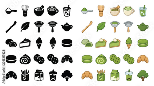 Cuadro en lienzo Collection of Matcha Tea and Desserts Icons in Black and White and Color