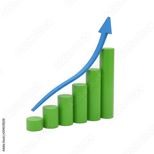 Green bar chart with upward trend and blue arrow