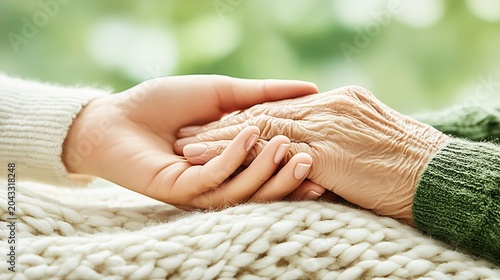 Close-up of a young person holding the wrinkled hands of an old human. Concept of nursing home, care and empathy in retirement.