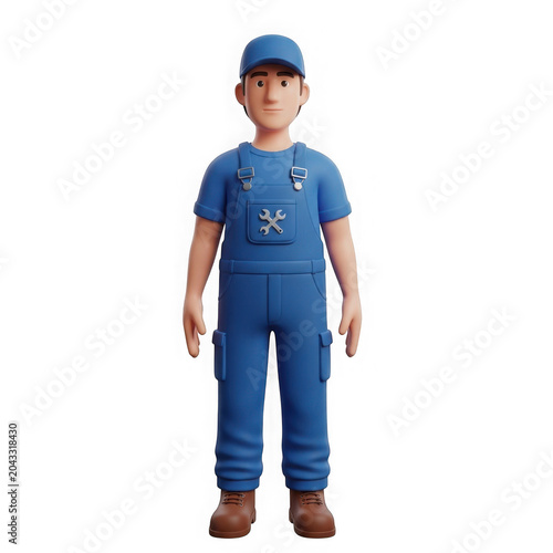 Young man in blue overalls and cap standing confidently
