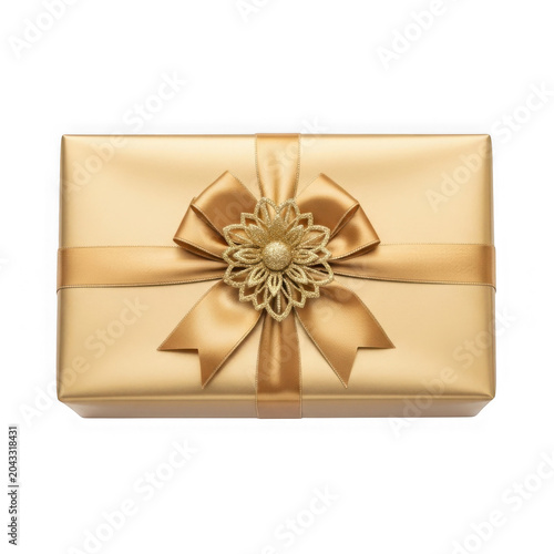 Gold ribbon tied on a brown gift box on a table