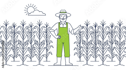 Friendly bearded farmer wearing green overalls standing in a large field of growing corn stalks