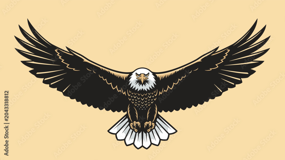 Fototapeta premium Stunning illustration of a majestic bald eagle with an impressive wide wingspan soaring against a solid light tan background.