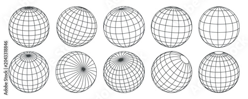 Foto Collection of wireframe globe spheres with latitude and longitude grid line desi
