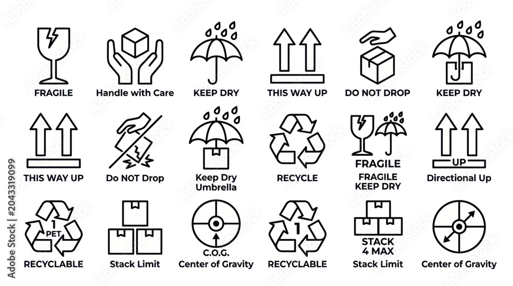 Fototapeta premium Shipping and Handling Symbols: Fragile, Keep Dry, Recycle, Directional Up, Stack Limit