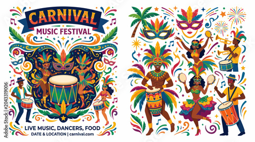 Bilde på lerret Carnival Music Festival Celebration with Dancers, Drummers, and Masquerade Masks