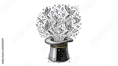Foto Magic Hat with Birds Flying Out, Sparkles and Diamonds, Illusion Concept