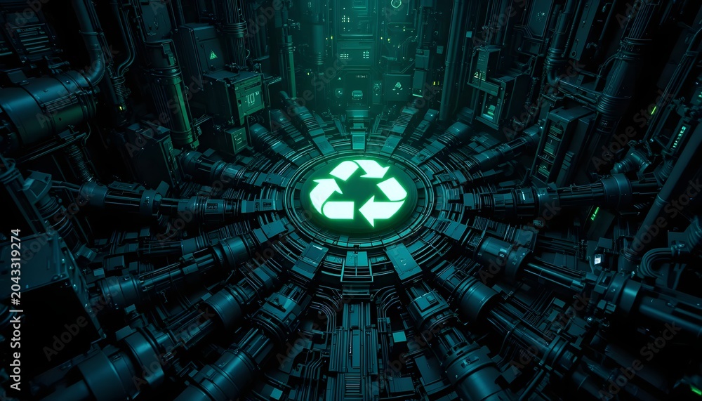 Obraz premium green recycling symbol icon in dark industrial machine facility energy system