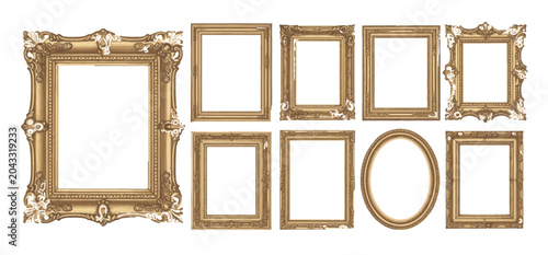 Set of ornate gold picture frames in various styles for gallery wall art displays