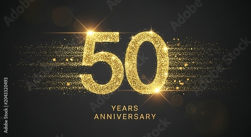 Golden glitter number 50 for fifty years anniversary celebration with sparkling particles and light flares on dark background