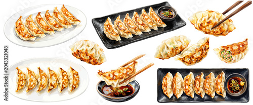 Photos 焼き餃子のイラストセット,水彩風のギョーザと中華タレ,ラーメン店や居酒屋のメニュー素材集,手描きフードベクター