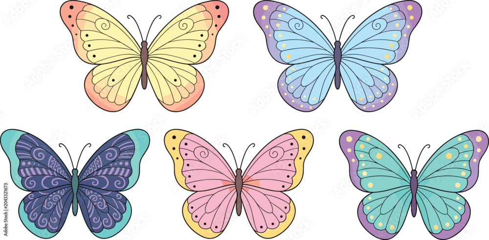 Fototapeta premium Butterfly icon illustrations with colorful wings, decorative patterns, delicate antennae, and vector design concepts
