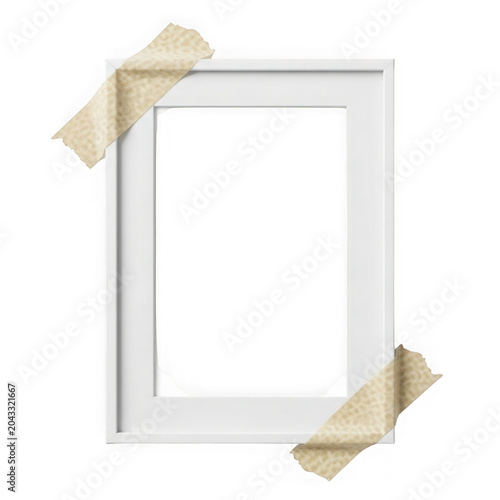 Empty picture frame with tape on a plain background