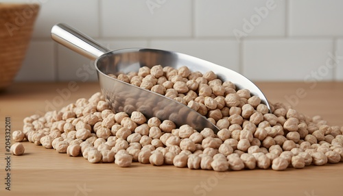 Raw organic chickpeas with a metal scoop on a wooden kitchen counter, representing a zero waste bulk foods bin shopping concept for healthy plant-based nutrition