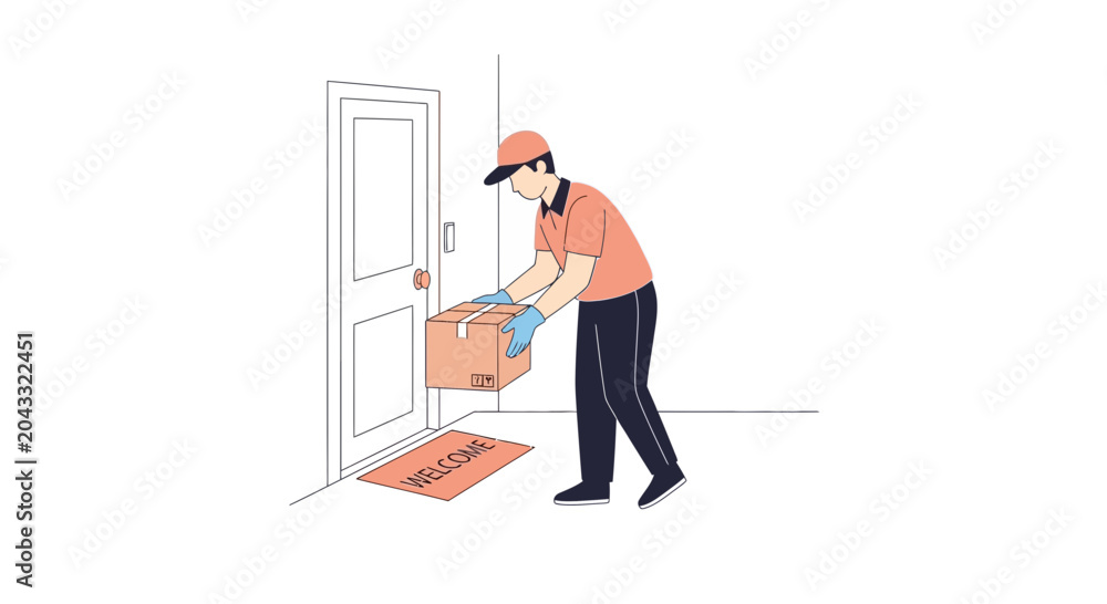 Fototapeta premium Delivery man placing package on doormat at front door, contactless delivery concept