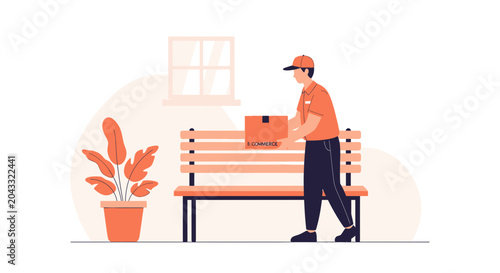 Delivery man placing package on bench outside house, contactless delivery concept