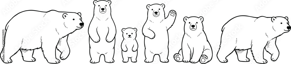 Obraz premium Polar bear icon illustrations with family group poses, waving gestures, sitting postures, and clean vector design concepts