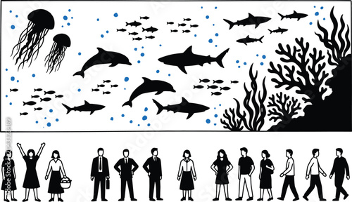 Foto Aquarium marine life illustration with jellyfish, dolphins, sharks, coral, bubbl