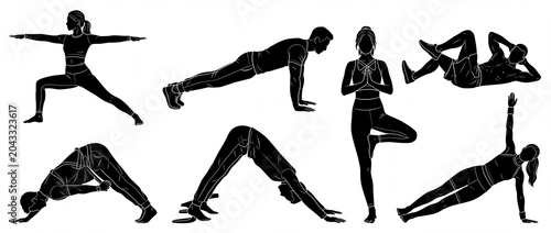 Yoga fitness silhouettes vector set of diverse people practicing poses and exercises for health, wellness, strength, and flexibility, featuring men and women in minimal graphic black and white design.