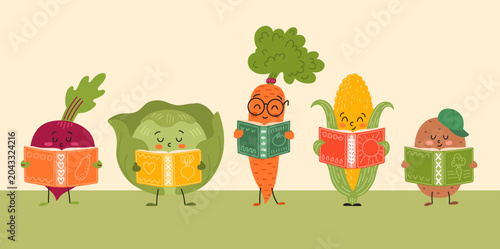Cute vegetables reading books set. School elements border with beet, cabbage, carrot, potato, and corn for children education, cooking recipe and farming design.