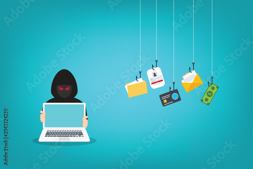 Hacker with laptop computer stealing confidential data, personal information and credit card detail. Hacking concept.	